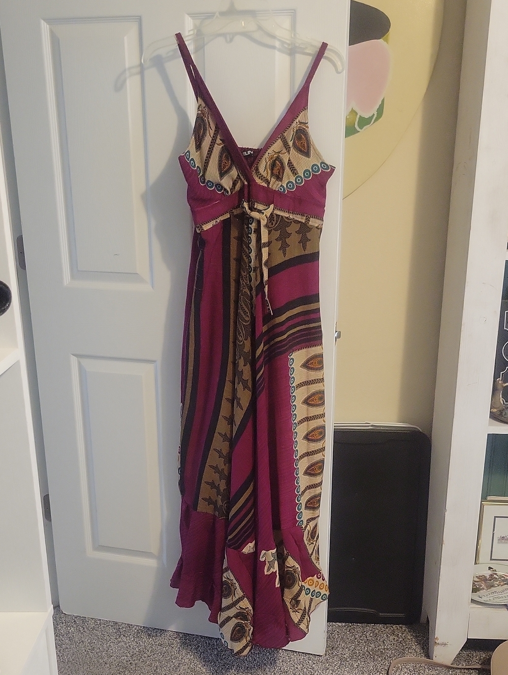 Celina Strappy Printed Maxi Dress in Magenta,Tan Strech Back Adjustable straps.